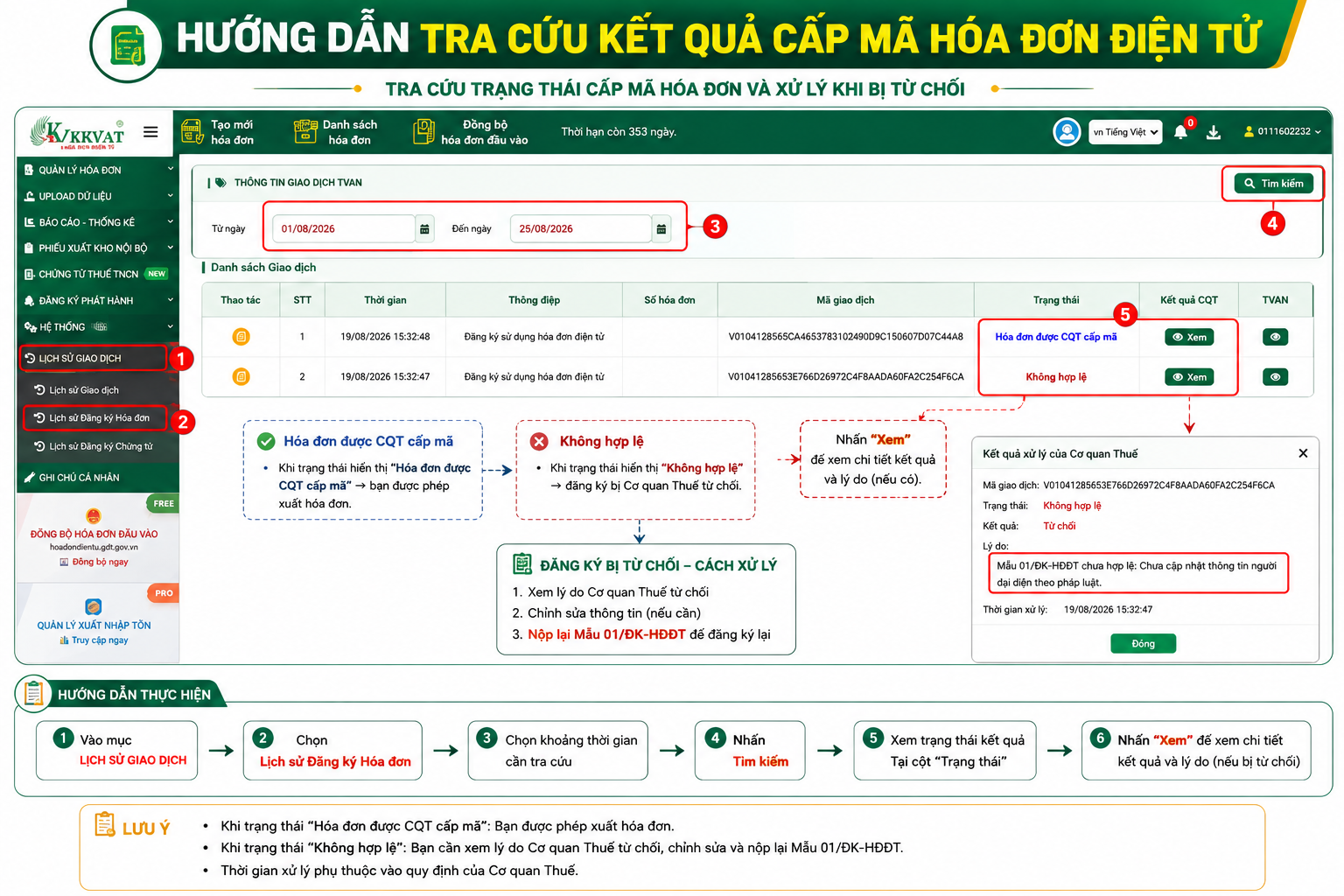 KKVAT - Tra cứu kết quả cấp m&atilde; h&oacute;a đơn điện tử v&agrave; xem l&yacute; do khi bị từ chối.
