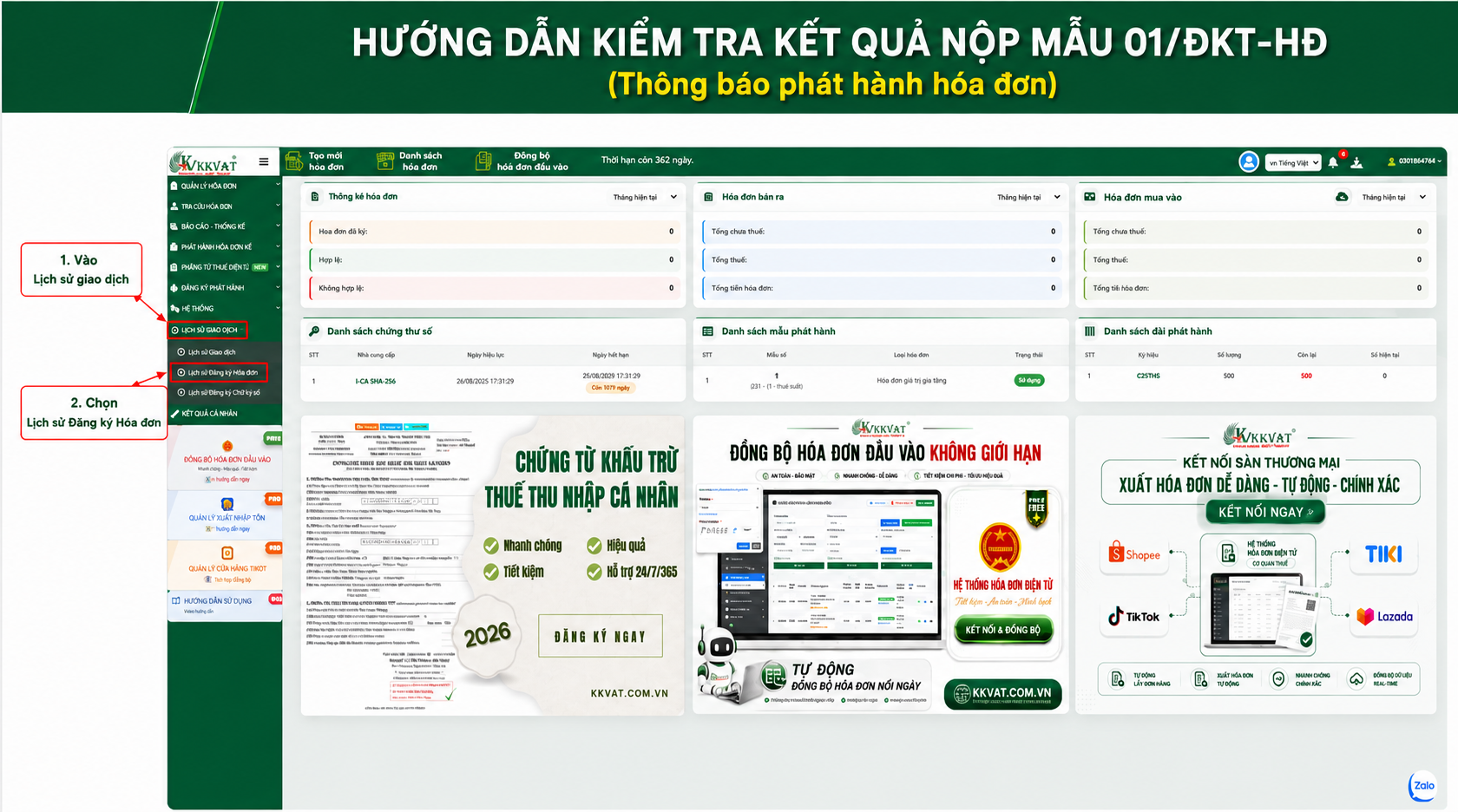 Bước 1 v&agrave;o Lịch sử giao dịch v&agrave; bước 2 chọn Lịch sử Đăng k&yacute; H&oacute;a đơn