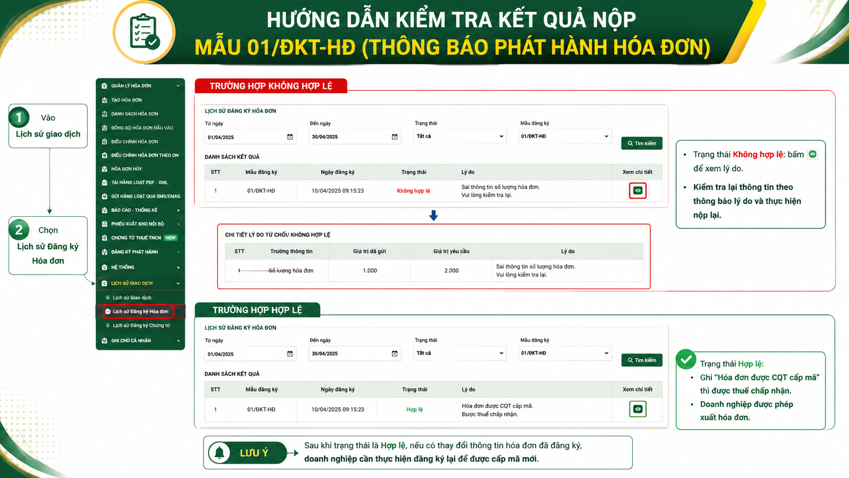 Danh s&aacute;ch giao dịch đăng k&yacute; h&oacute;a đơn với trạng th&aacute;i Kh&ocirc;ng hợp lệ v&agrave; H&oacute;a đơn được CQT cấp m&atilde;