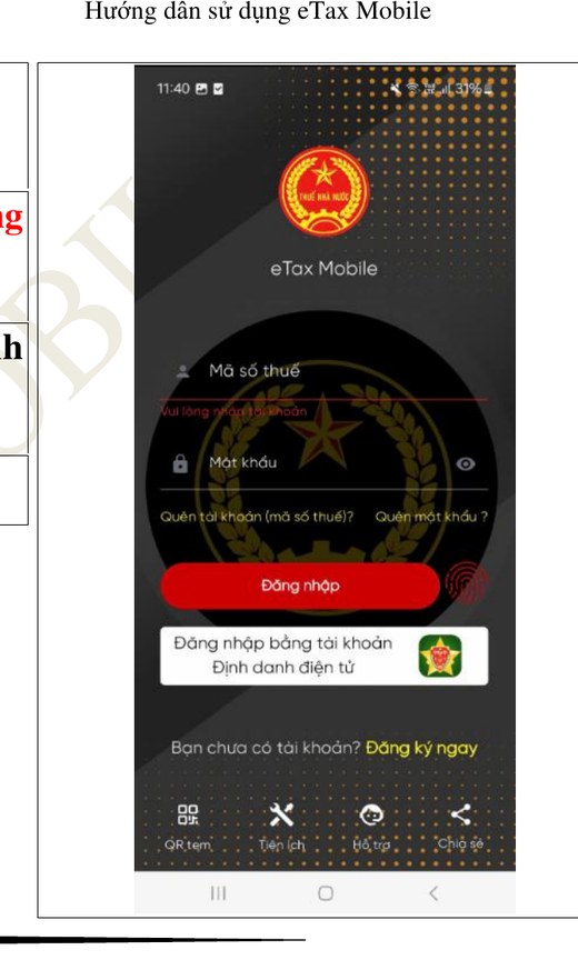 M&agrave;n h&igrave;nh đăng nhập eTax Mobile bằng VNeID