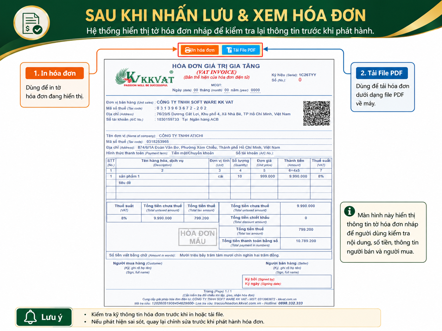 M&agrave;n h&igrave;nh xem h&oacute;a đơn nh&aacute;p sau khi nhấn Lưu v&agrave; Xem h&oacute;a đơn