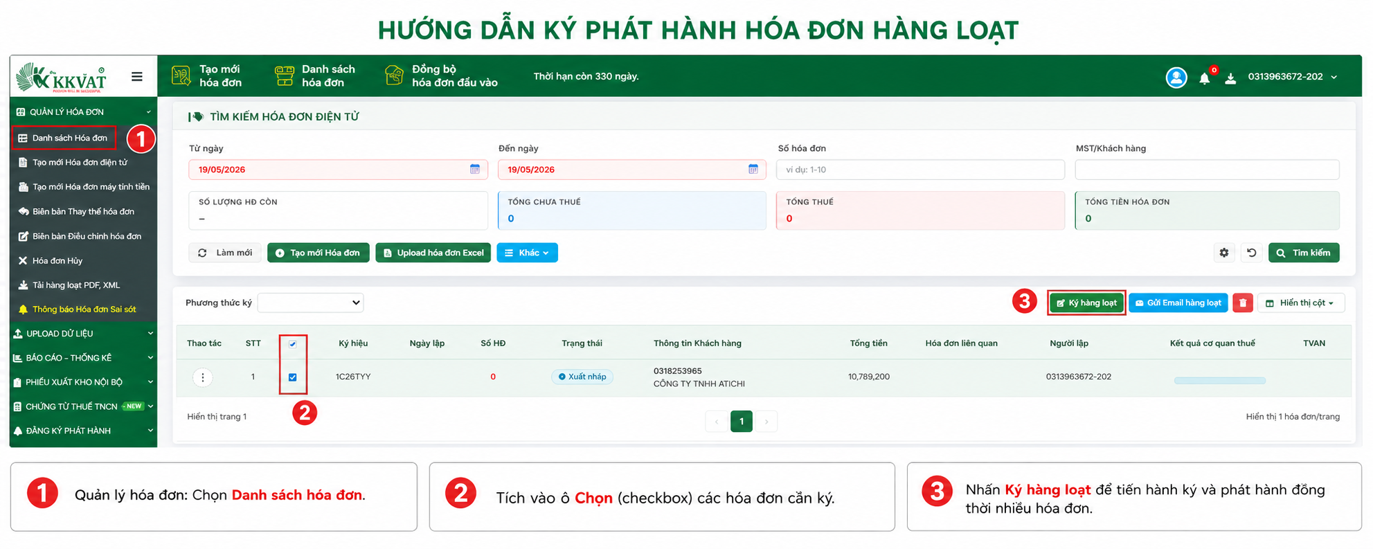 Hướng dẫn k&yacute; ph&aacute;t h&agrave;nh h&oacute;a đơn h&agrave;ng loạt