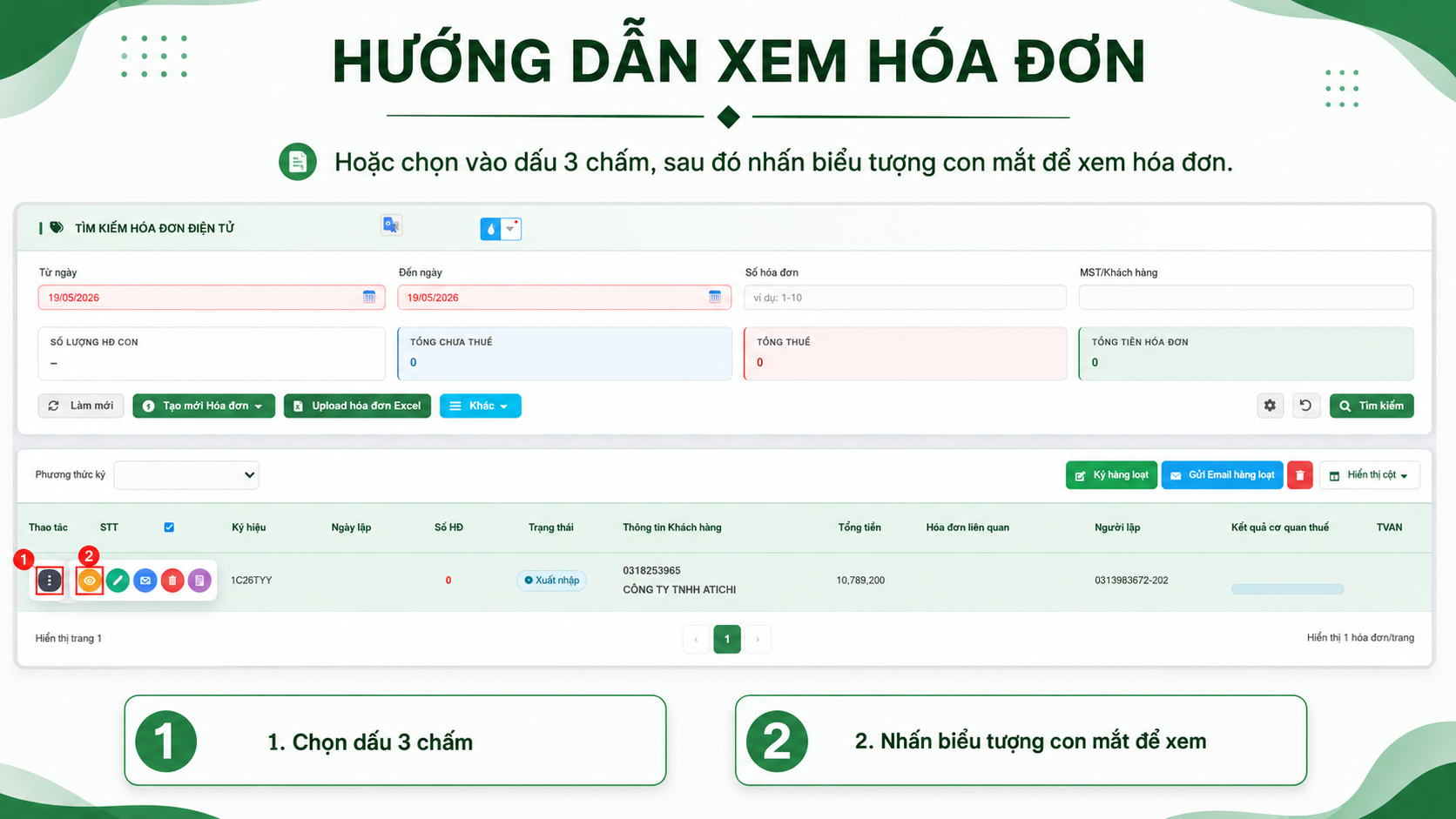 Hướng dẫn xem h&oacute;a đơn bằng dấu ba chấm v&agrave; biểu tượng con mắt