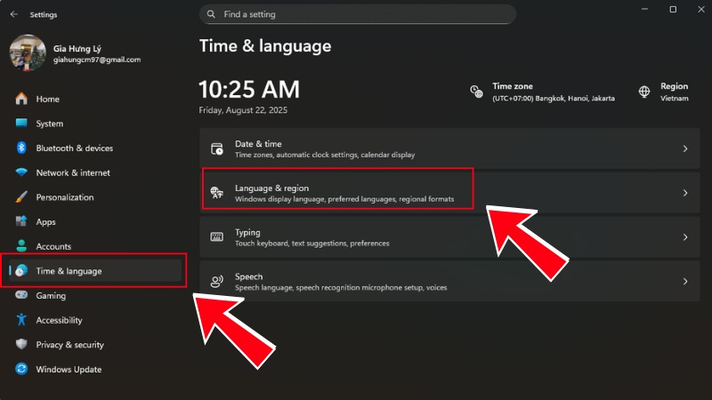 Chọn Time & language v&agrave; Language & region