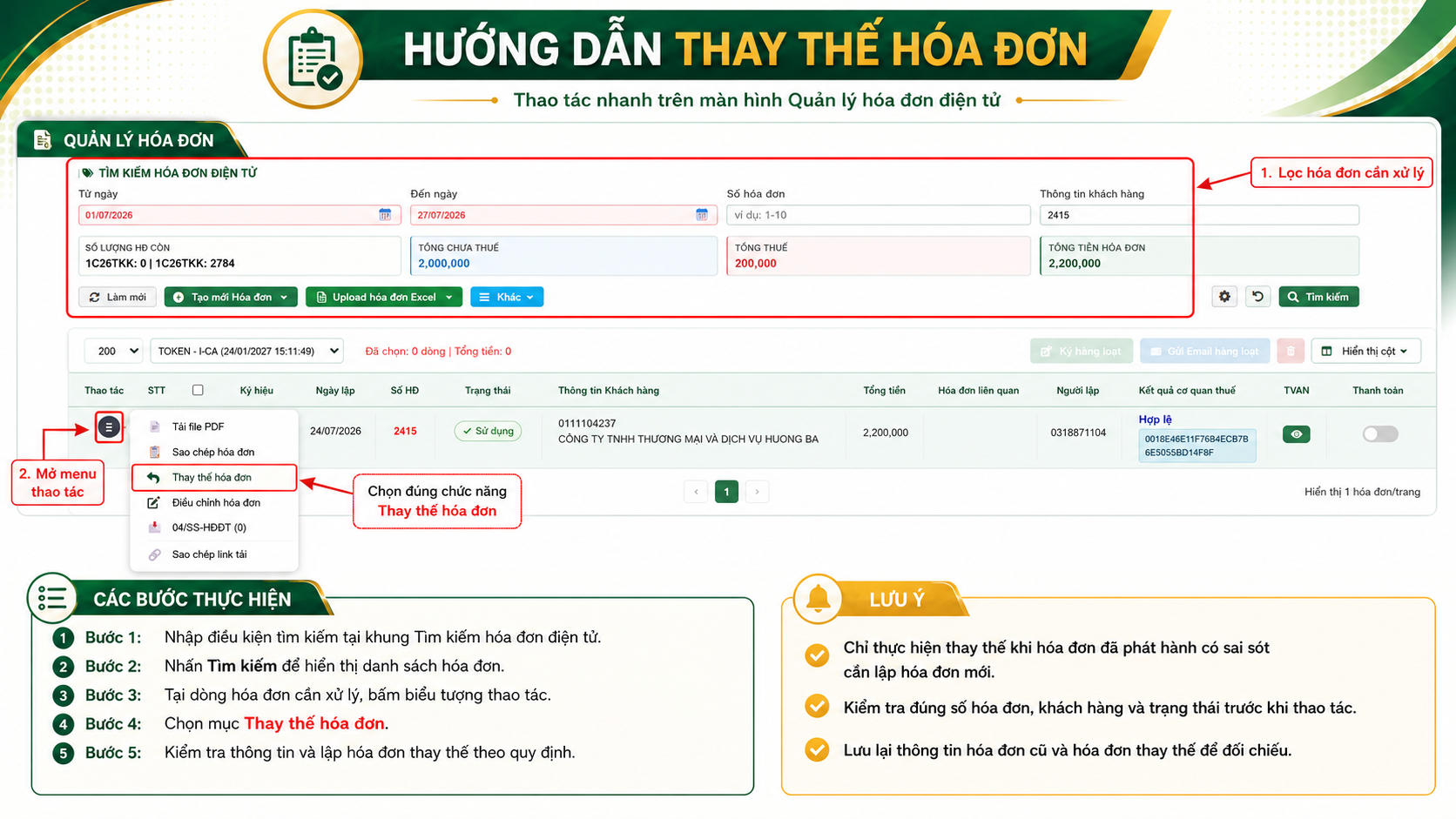 Lọc h&oacute;a đơn, mở menu thao t&aacute;c v&agrave; chọn chức năng Thay thế h&oacute;a đơn.