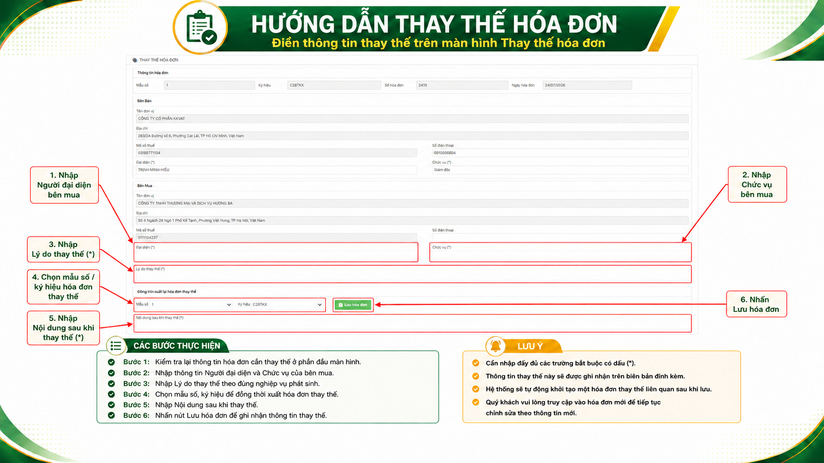 Nhập th&ocirc;ng tin bắt buộc v&agrave; lưu dữ liệu lập h&oacute;a đơn thay thế.