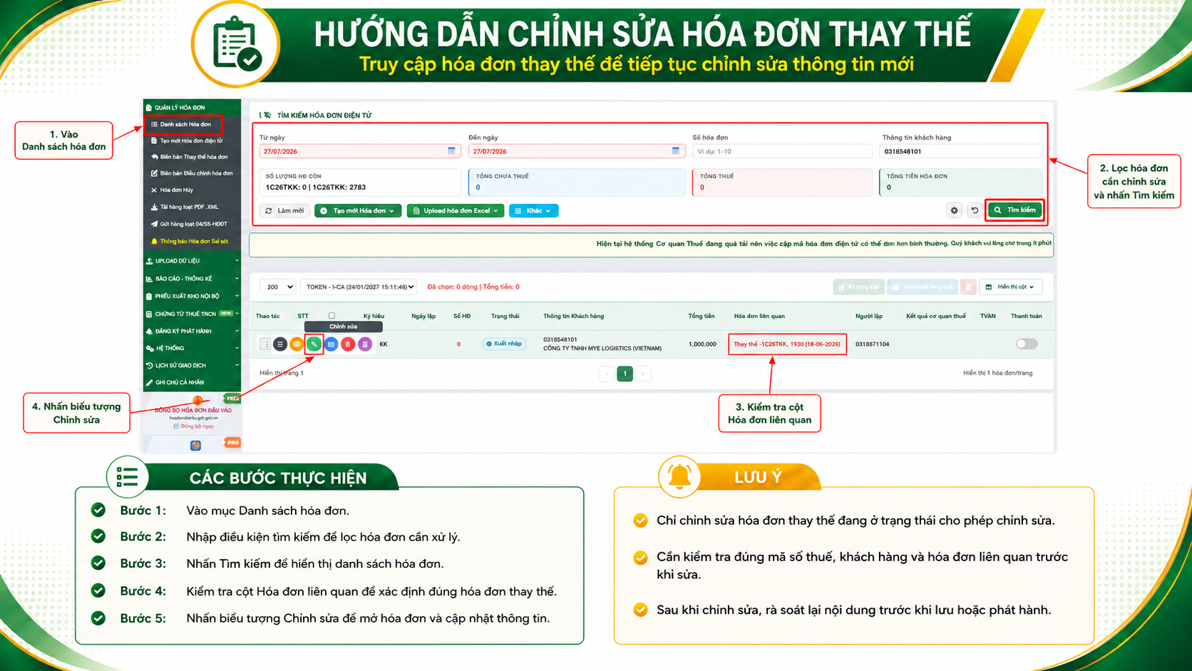 T&igrave;m h&oacute;a đơn thay thế trong Danh s&aacute;ch h&oacute;a đơn v&agrave; mở chức năng Chỉnh sửa.