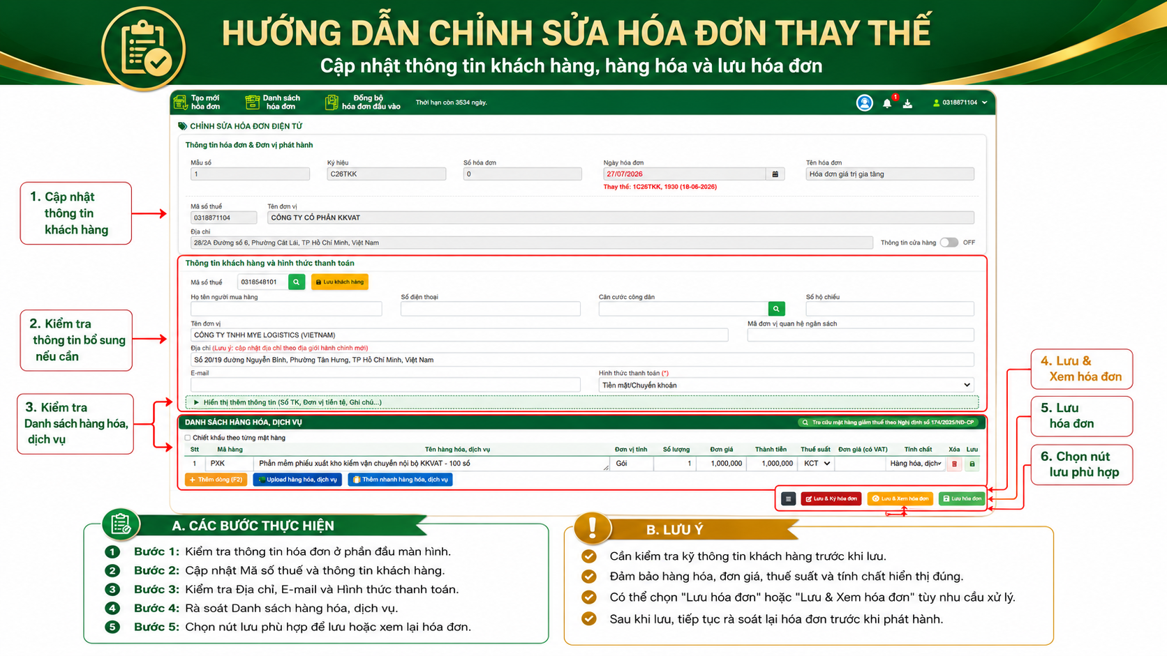 Cập nhật kh&aacute;ch h&agrave;ng, h&agrave;ng h&oacute;a, dịch vụ v&agrave; lưu h&oacute;a đơn thay thế.