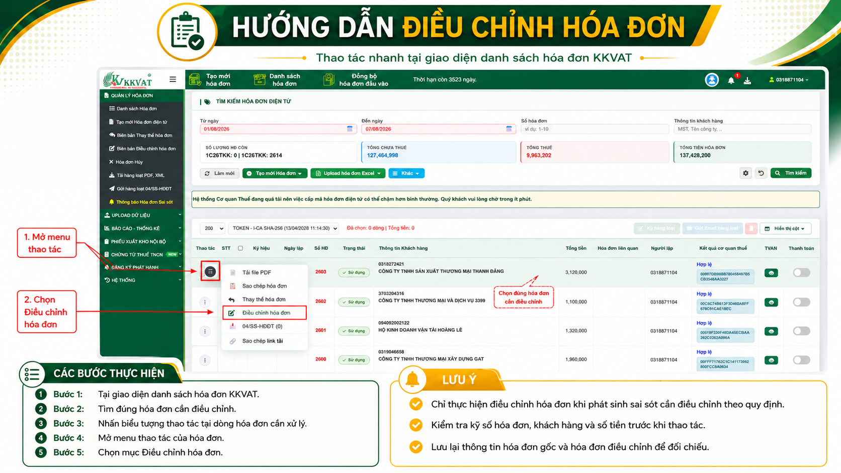 Mở menu thao t&aacute;c tại h&oacute;a đơn cần xử l&yacute; v&agrave; chọn Điều chỉnh h&oacute;a đơn.