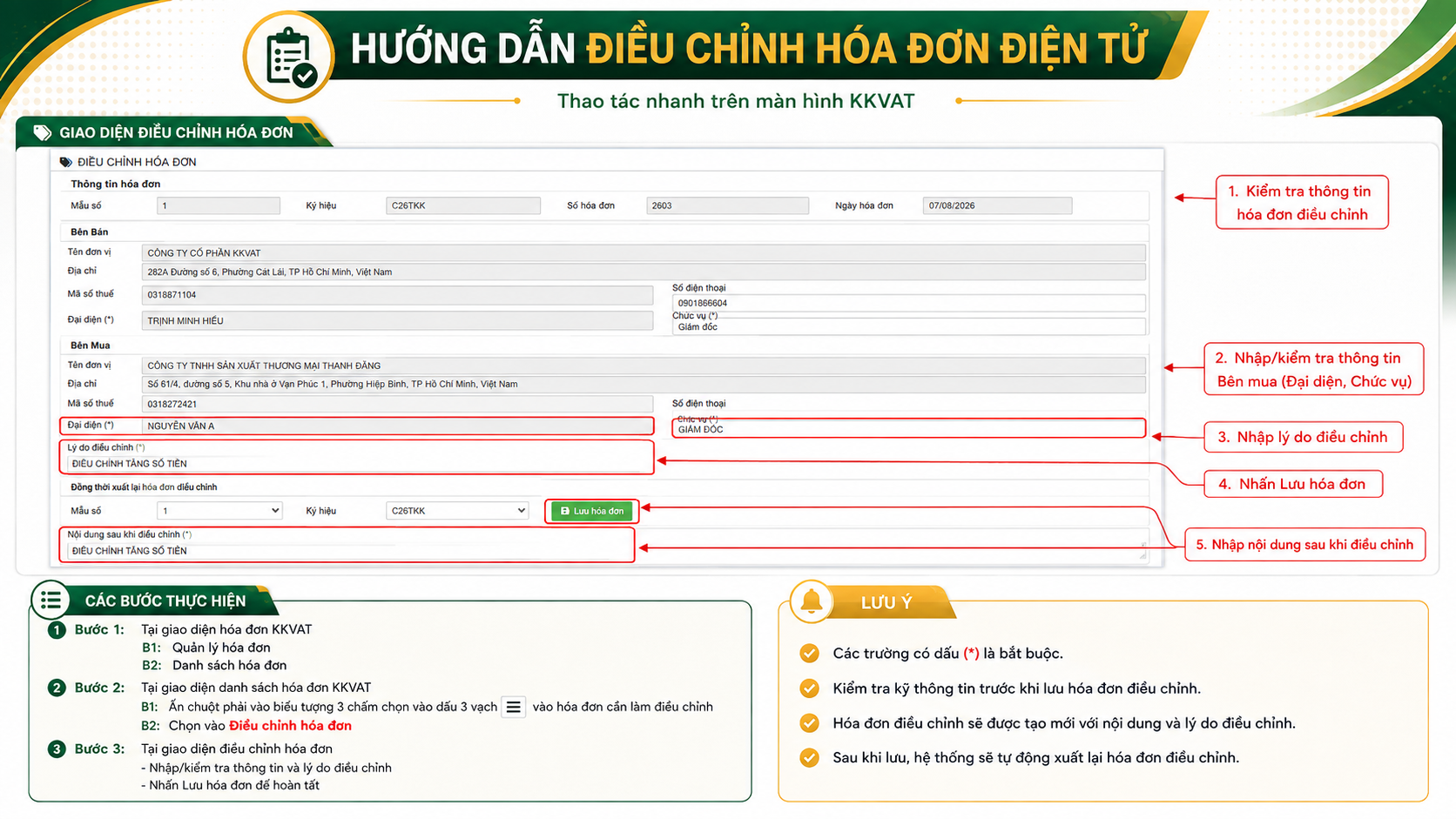 Kiểm tra th&ocirc;ng tin, nhập l&yacute; do v&agrave; nội dung sau khi điều chỉnh rồi nhấn Lưu h&oacute;a đơn.