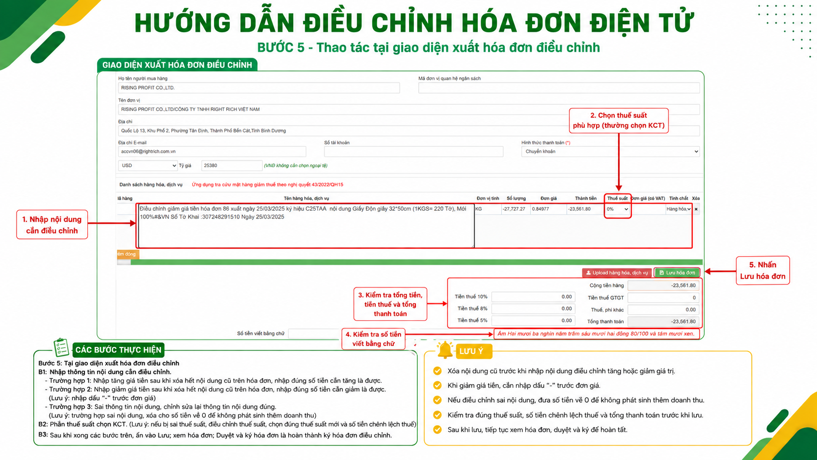 Nhập nội dung cần điều chỉnh, chọn thuế suất ph&ugrave; hợp, kiểm tra tổng tiền rồi lưu v&agrave; k&yacute; h&oacute;a đơn điều chỉnh.