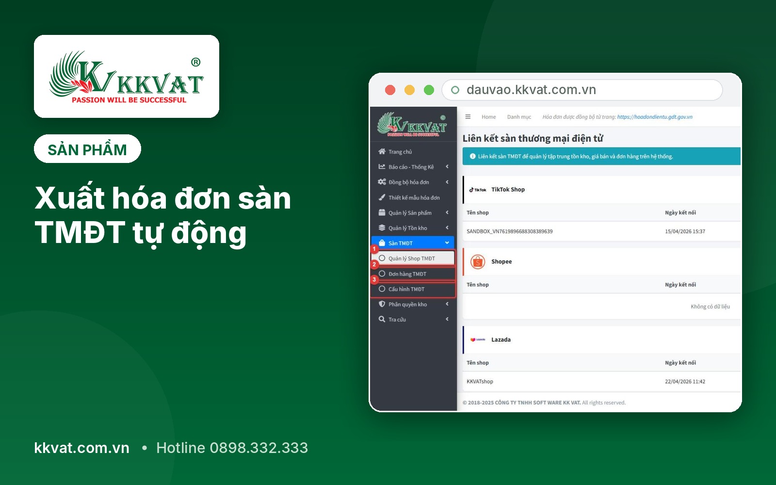 Bán hàng trên Shopee, TikTok Shop, Lazada: xuất hóa đơn tự động mỗi đêm với KKVAT TMĐT